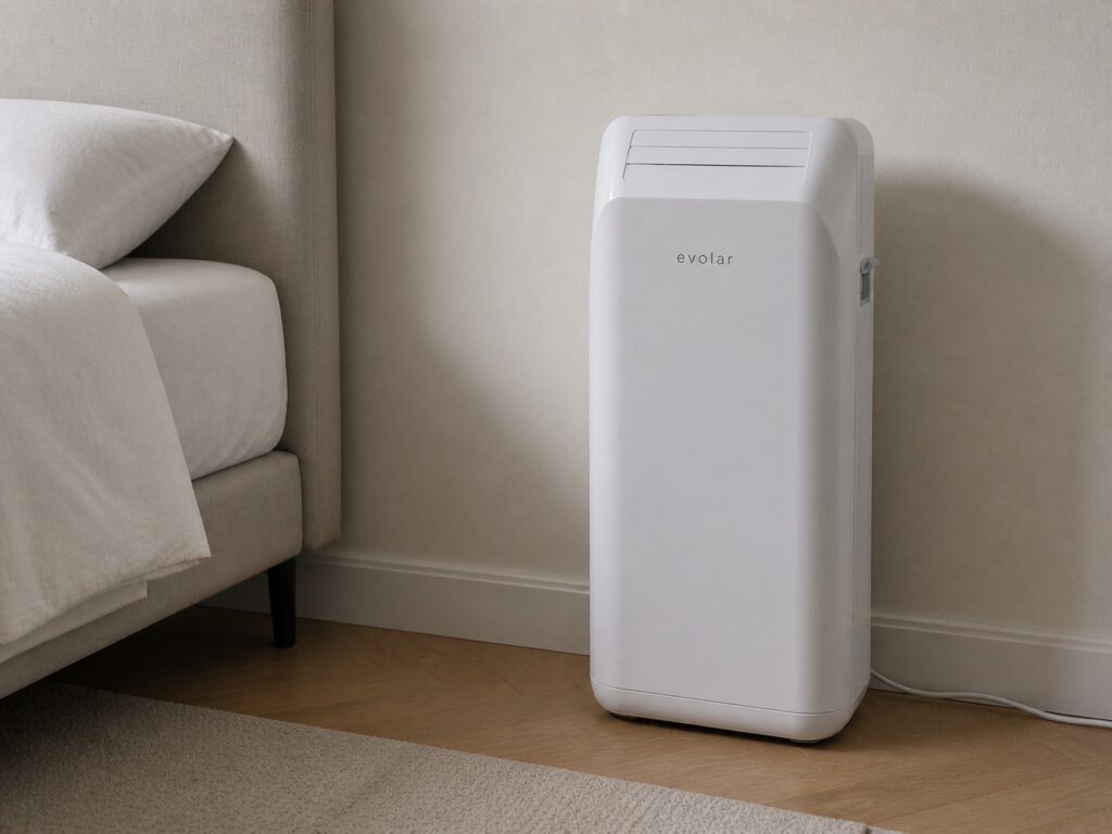 Een mobiele airco zonder slang tegen de muur