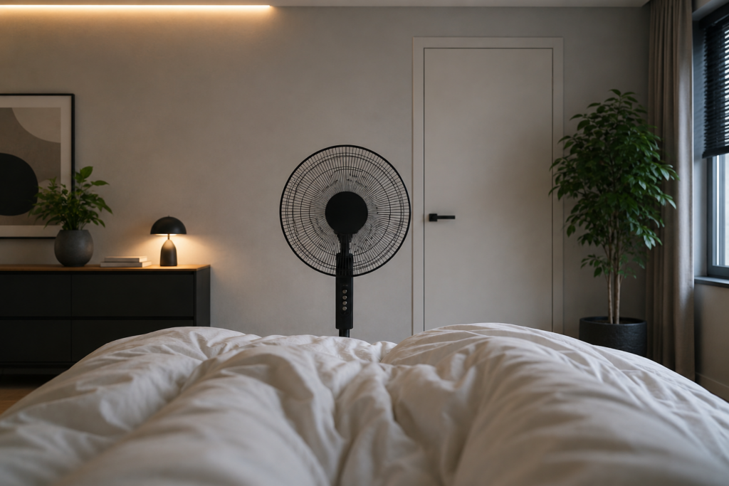 Statiefventilator in slaapkamer